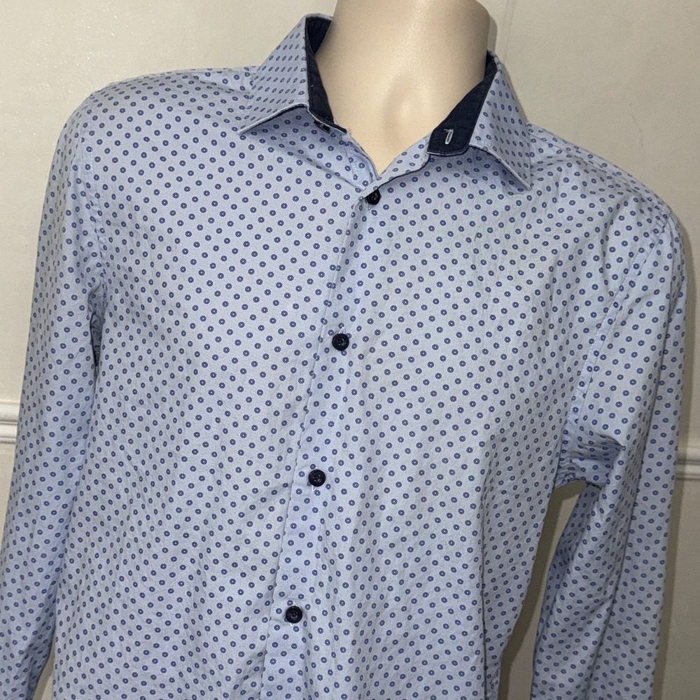 Primark Mens Light Blue Geometric Floral Micro Dot Long Sleeve Button Down Shirt